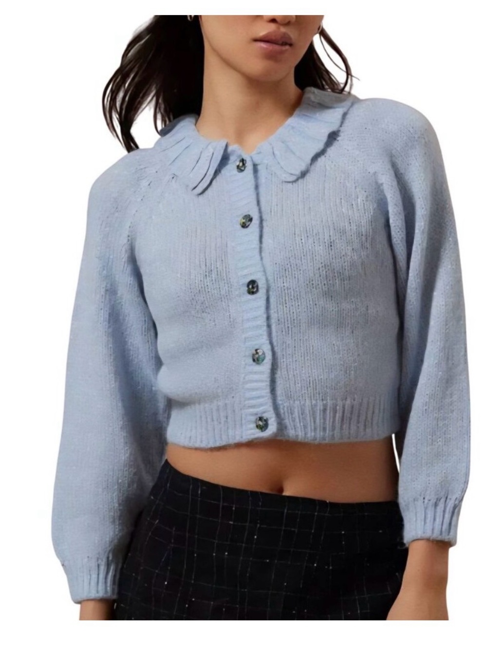 Kimchi Blue large Cropped Light Blue Ruffle Collar Cardigan Sweater